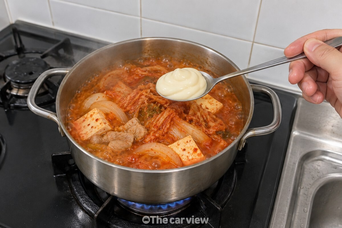 끓어오르는 김치찌개 냄비 옆에 마요네즈 한 숟가락을 준비한 모습. / 기사 이해를 돕기 위한 생성형 이미지