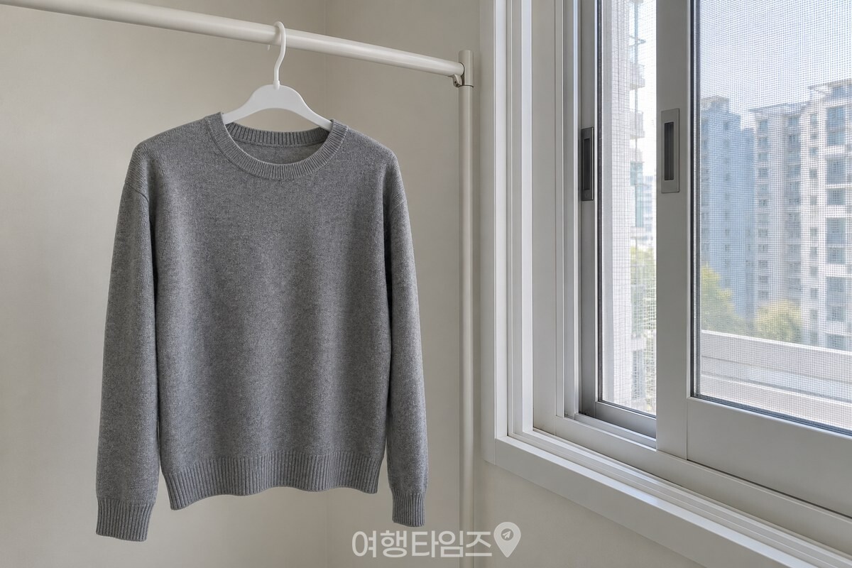 헤어스프레이를 뿌린 니트를 옷걸이에 걸어 창가에서 말리는 모습. / 기사 이해를 돕기 위한 생성형 이미지