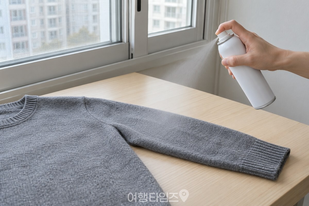 니트에서 거리를 두고 헤어스프레이를 한 번 가볍게 분사하는 모습. / 기사 이해를 돕기 위한 생성형 이미지