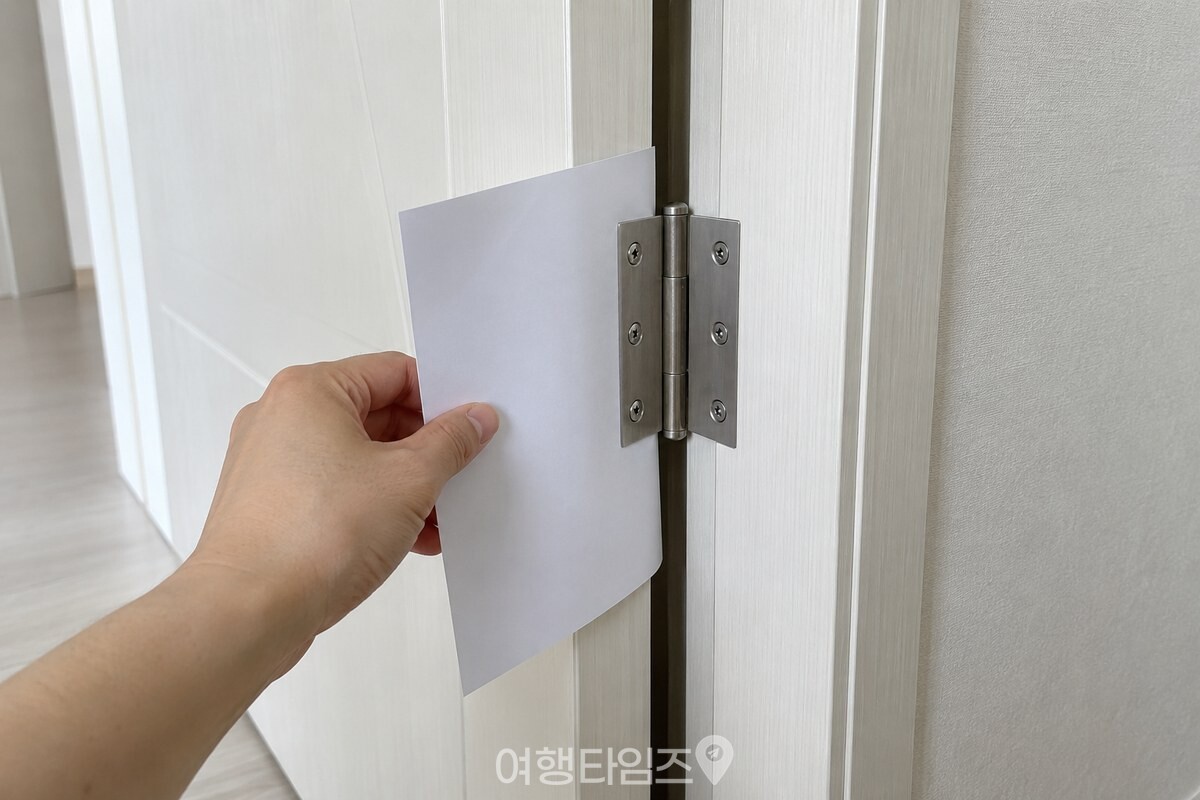 문틈에 종이를 끼운 채 방문을 살피는 손과 경첩이 보이는 장면. / 기사 이해를 돕기 위한 생성형 이미지