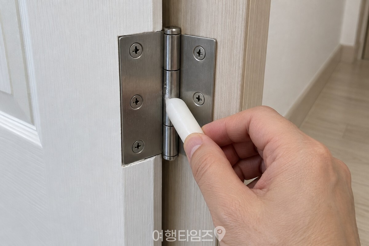 양초 토막을 방문 경첩의 세로 핀 틈에 문지르는 손을 보여 주는 장면. / 기사 이해를 돕기 위한 생성형 이미지