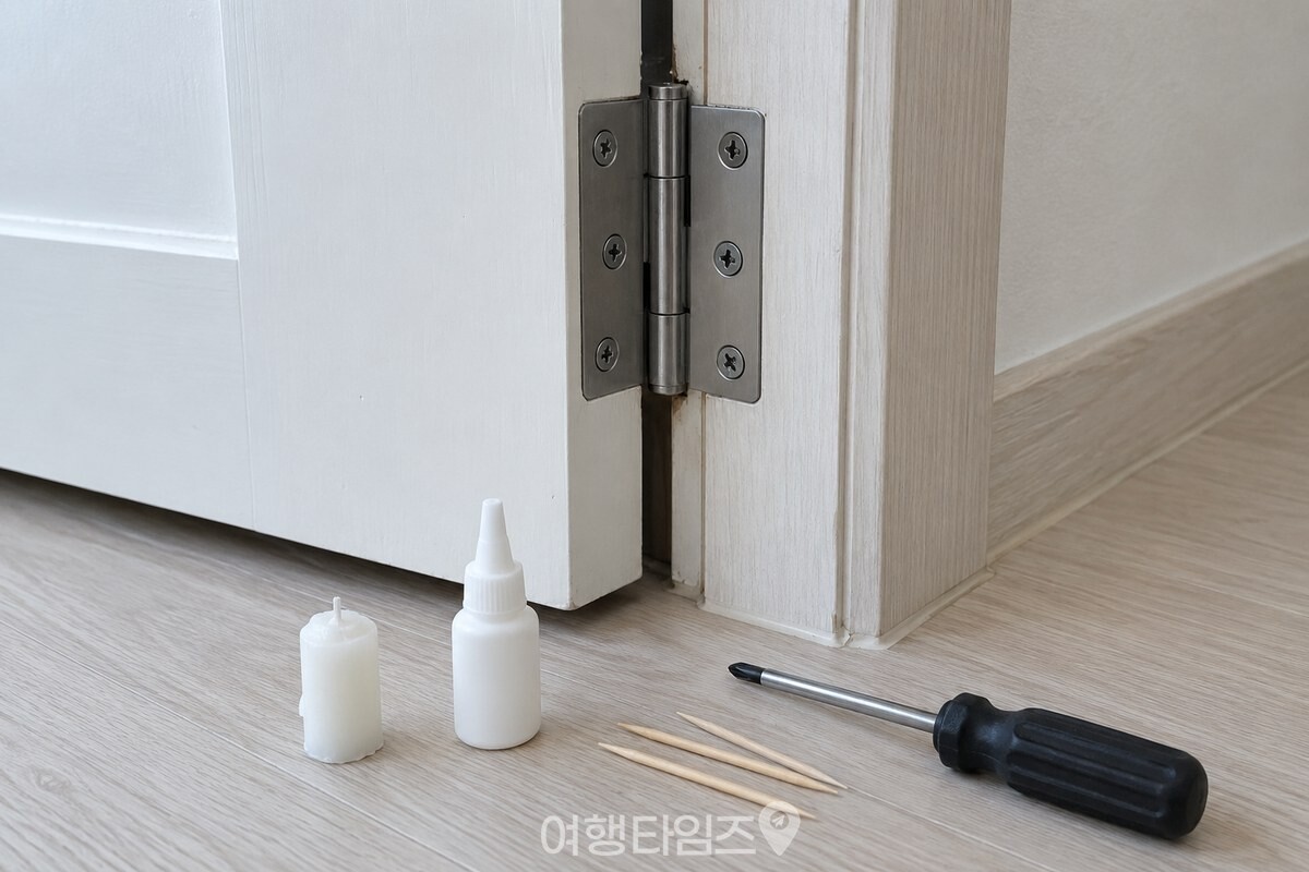 흰 방문의 은색 경첩과 십자 드라이버, 양초 토막, 목공풀과 이쑤시개를 가까이 담은 장면. / 기사 이해를 돕기 위한 생성형 이미지