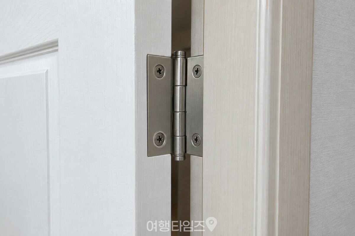 방문 옆 경첩의 나사와 핀, 문틀 사이의 간격을 가까이 보여 주는 장면. / 기사 이해를 돕기 위한 생성형 이미지