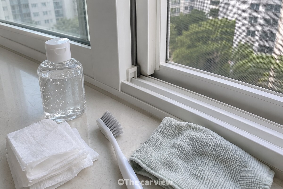 창문을 연 창가에 젤형 손소독제와 부드러운 칫솔, 휴지와 물기를 짠 천을 준비한 모습 / 기사 이해를 돕기 위한 생성형 이미지