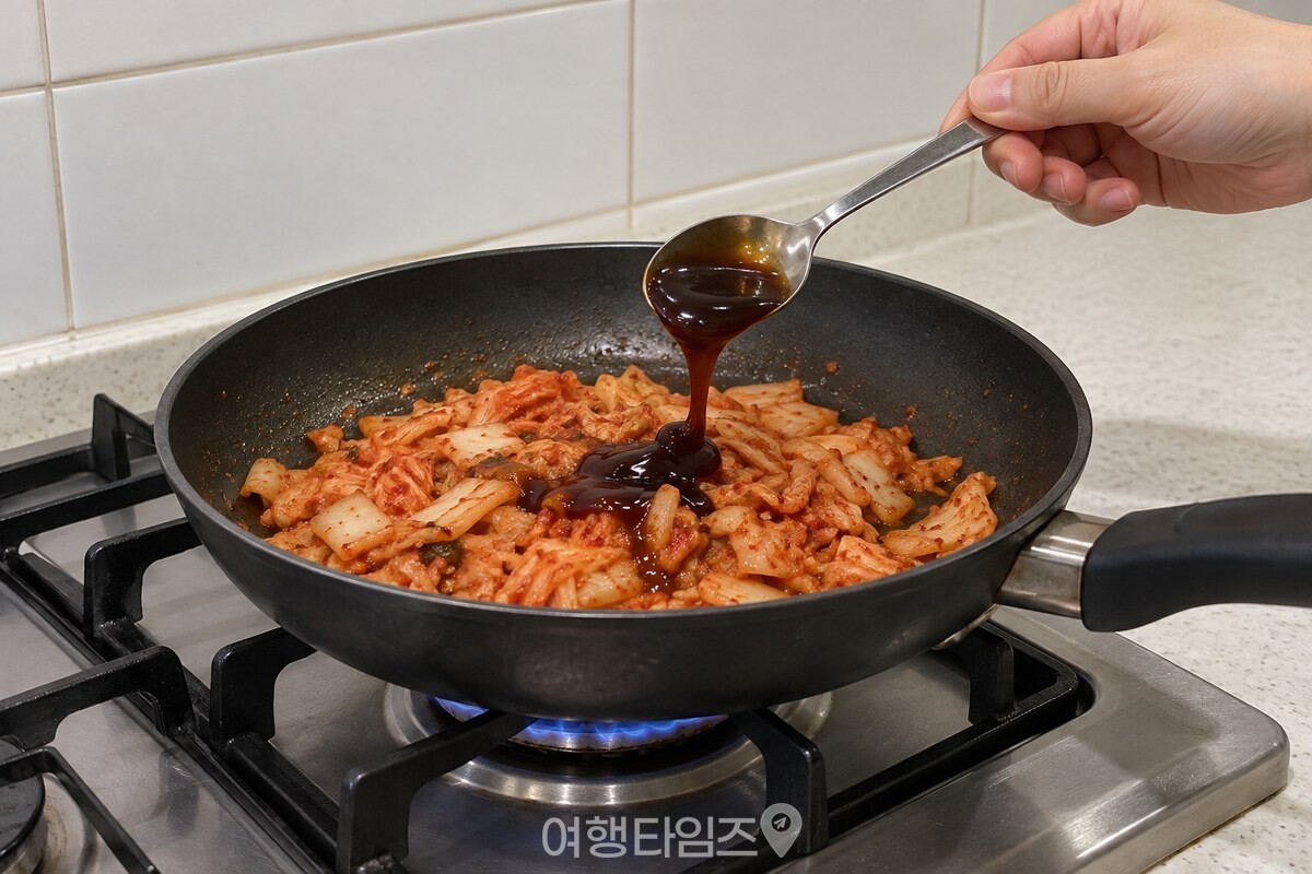 중불의 팬에서 볶은 김치 위로 굴소스를 한 스푼 넣는 모습. / 기사 이해를 돕기 위한 생성형 이미지