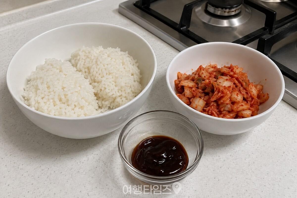 찬밥과 잘게 썬 김치, 굴소스를 조리 전 작은 그릇에 나누어 둔 모습. / 기사 이해를 돕기 위한 생성형 이미지