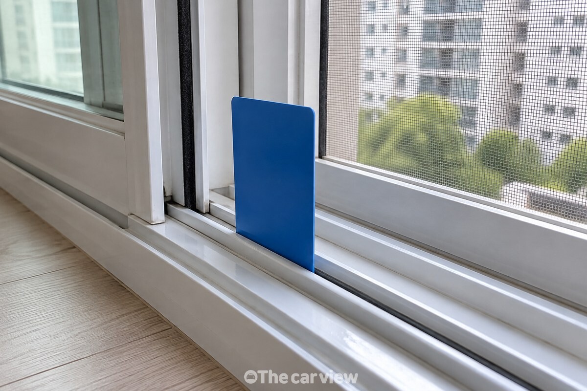 창문을 한쪽으로 연 뒤 창틀 레일 홈에 적립카드 모서리를 세워 둔 모습. / 기사 이해를 돕기 위한 생성형 이미지