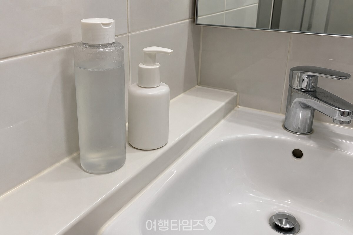 욕실 세면대 옆 선반에 스킨과 로션 용기가 놓여 있는 모습. / 기사 이해를 돕기 위한 생성형 이미지