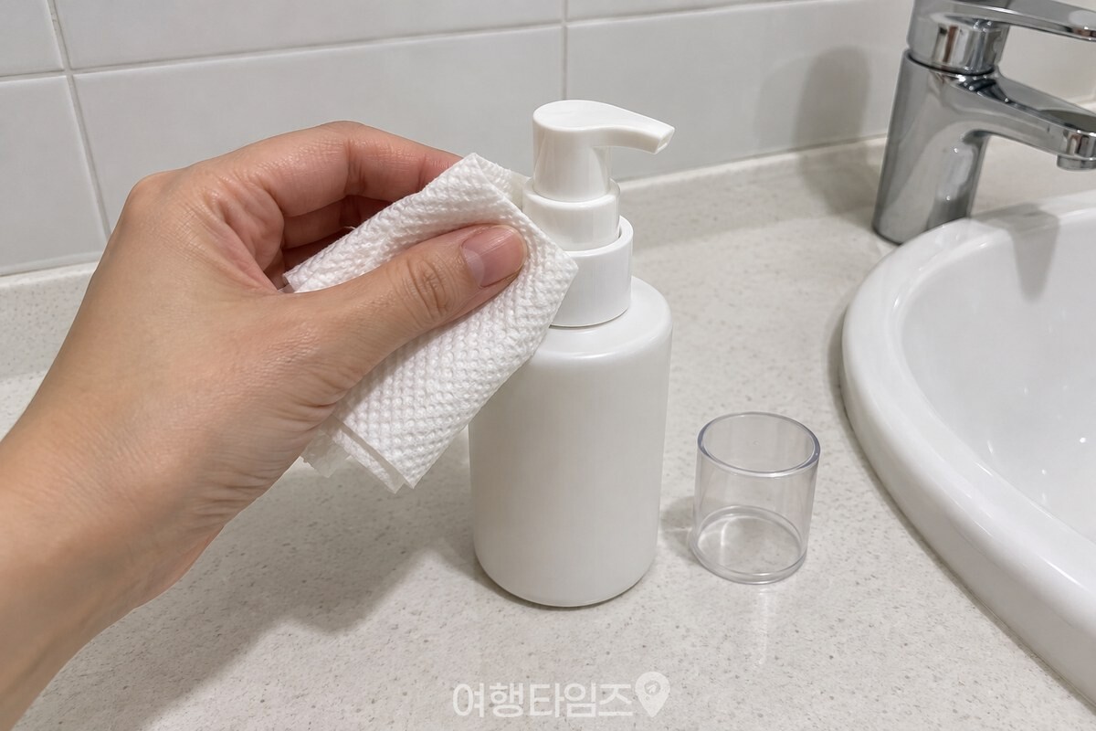 마른 키친타월로 로션 펌프 주변과 용기 입구를 닦는 손. / 기사 이해를 돕기 위한 생성형 이미지