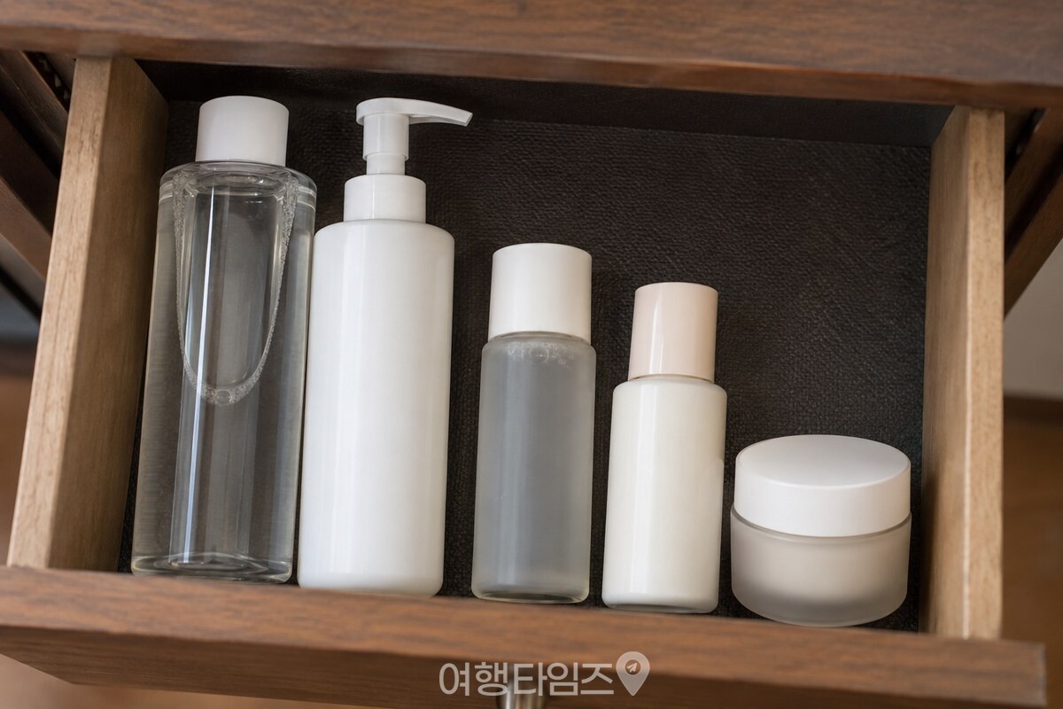 침실 화장대의 어두운 서랍 안에 세워 보관한 스킨과 로션. / 기사 이해를 돕기 위한 생성형 이미지