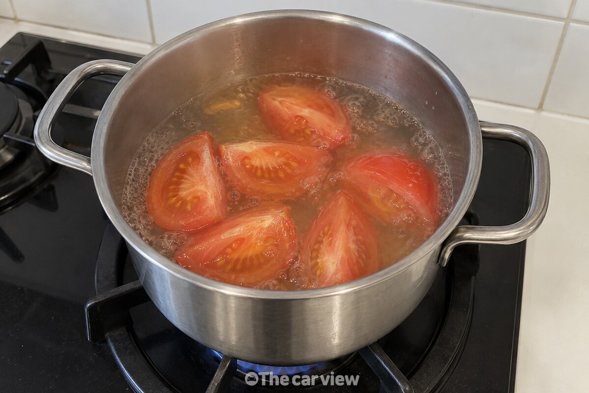 면을 넣기 전 끓는 물에 토마토 여섯 조각을 먼저 넣은 냄비. / 기사 이해를 돕기 위한 생성형 이미지