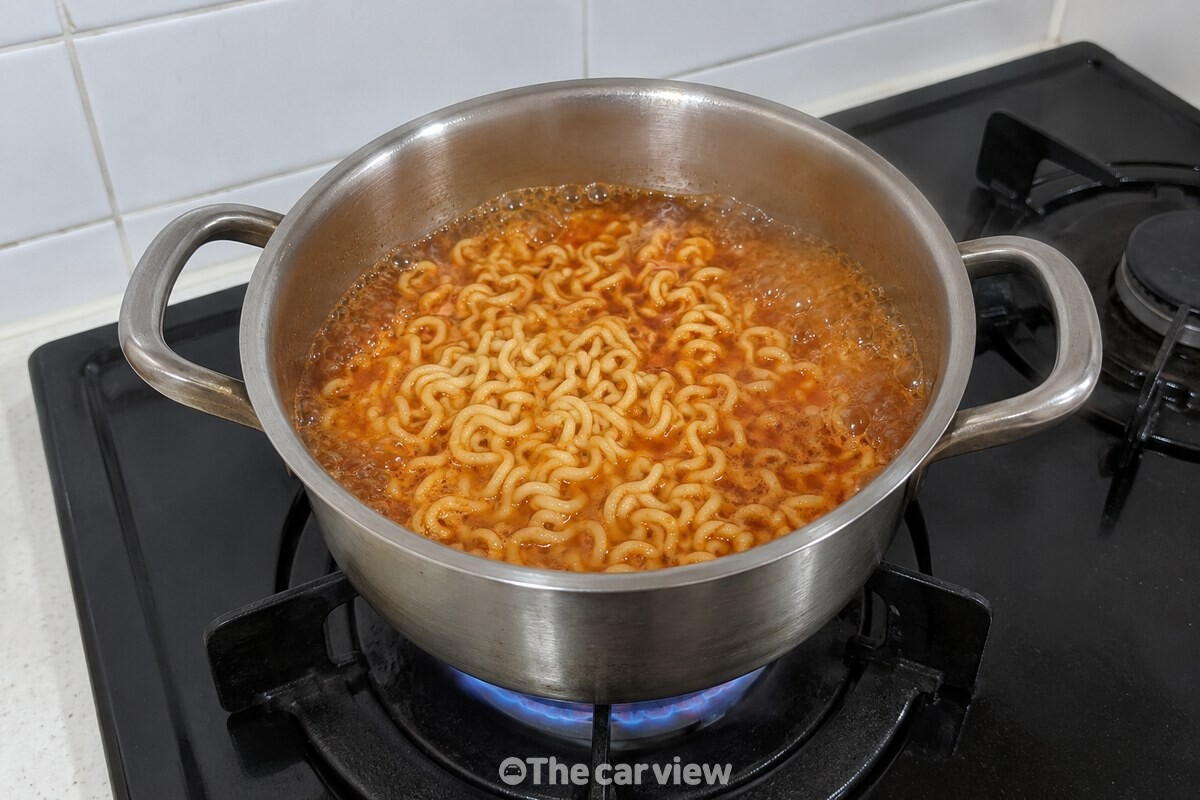 검은 주물 받침 위 냄비에서 면과 스프 국물이 끓는 모습. / 기사 이해를 돕기 위한 생성형 이미지