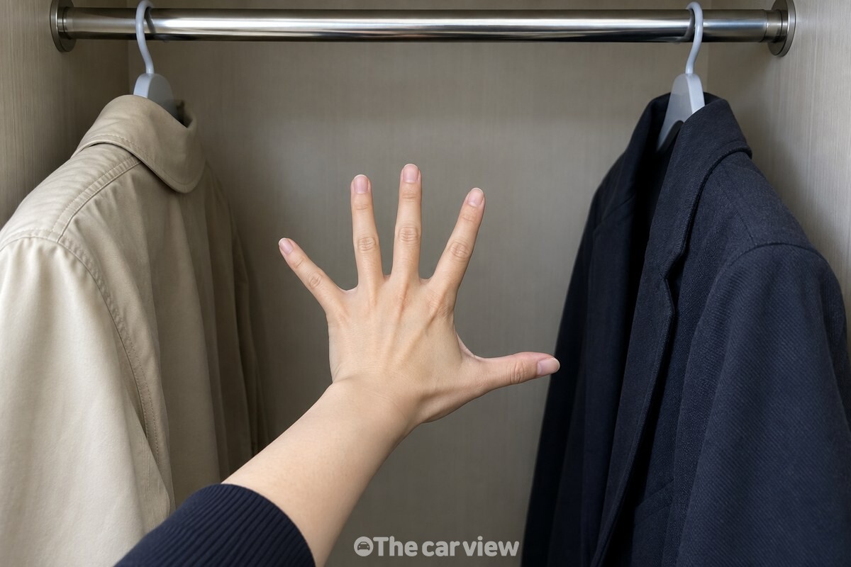 옷장 봉 앞에서 벌린 손으로 옷걸이 사이 간격을 가늠하는 모습. / 기사 이해를 돕기 위한 생성형 이미지