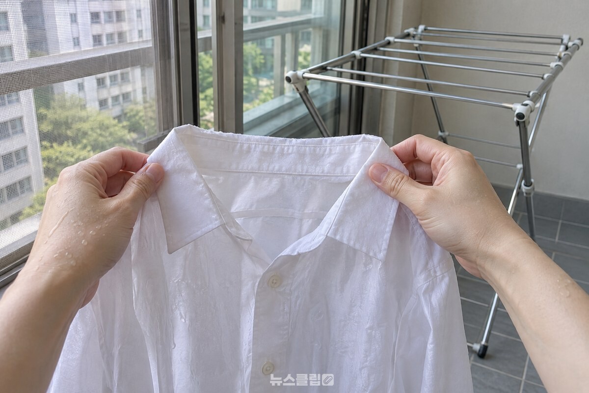 널기 전에 젖은 셔츠 깃의 양쪽 모서리를 손가락으로 펴는 모습. / 기사 이해를 돕기 위한 생성형 이미지