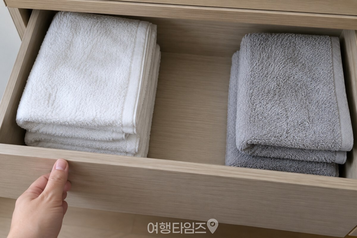 욕실 밖 서랍장 안에 접은 여분 수건을 여유 있게 넣어 둔 모습. / 기사 이해를 돕기 위한 생성형 이미지