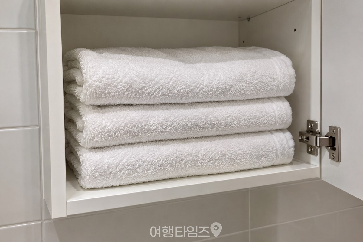 욕실 수납장 선반에 여분 수건이 여러 장 겹쳐 놓인 모습. / 기사 이해를 돕기 위한 생성형 이미지