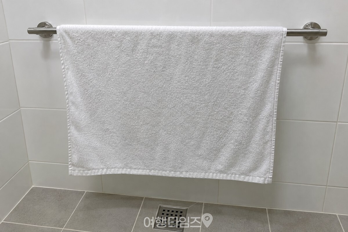 욕실 수건걸이에 수건 한 장을 폭이 넓게 펴서 건 모습. / 기사 이해를 돕기 위한 생성형 이미지