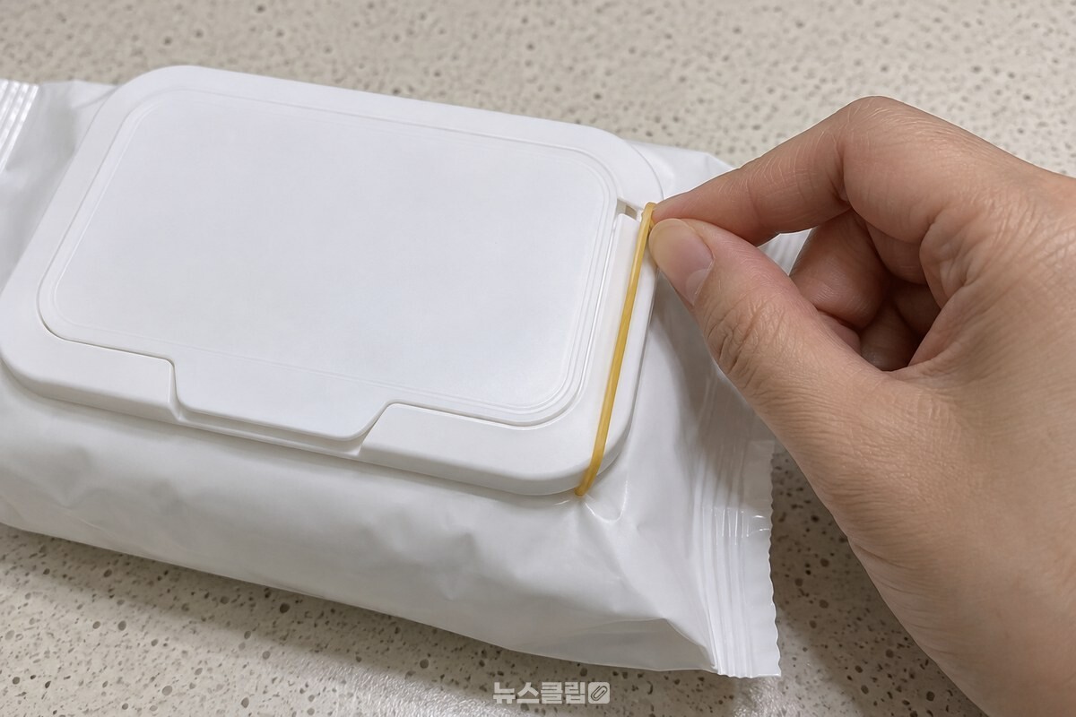 손이 고무줄 한쪽을 덮개 옆 홈과 아래턱에 걸고 있는 모습. / 기사 이해를 돕기 위한 생성형 이미지