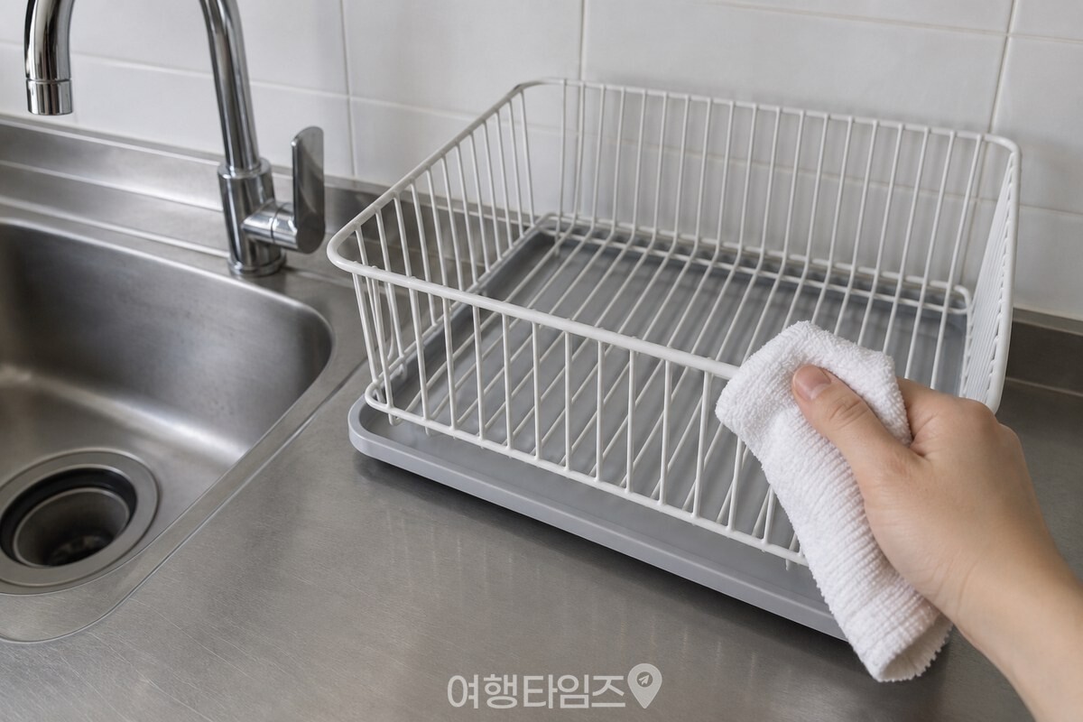 빈 식기건조대를 마른 흰 행주로 닦아 물기를 없애는 장면. / 기사 이해를 돕기 위한 생성형 이미지