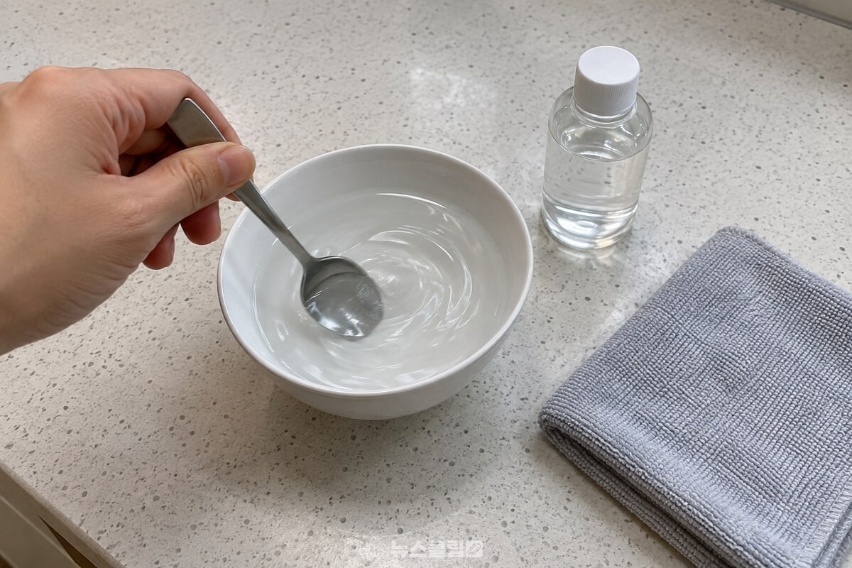 작은 흰 그릇의 물에 글리세린을 한 숟가락 넣어 젓는 준비 장면. / 기사 이해를 돕기 위한 생성형 이미지