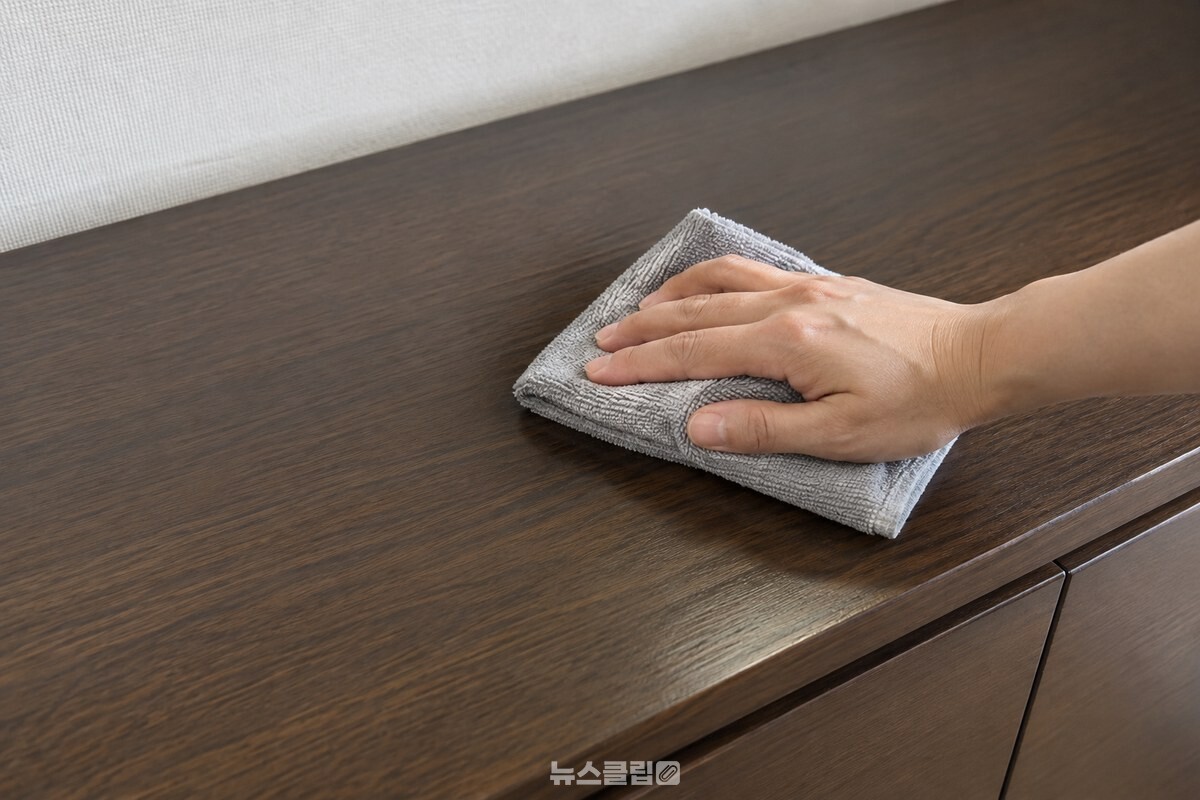 촉촉하게 짠 극세사 천으로 광택 가구 상판을 나뭇결 방향으로 닦는 모습. / 기사 이해를 돕기 위한 생성형 이미지