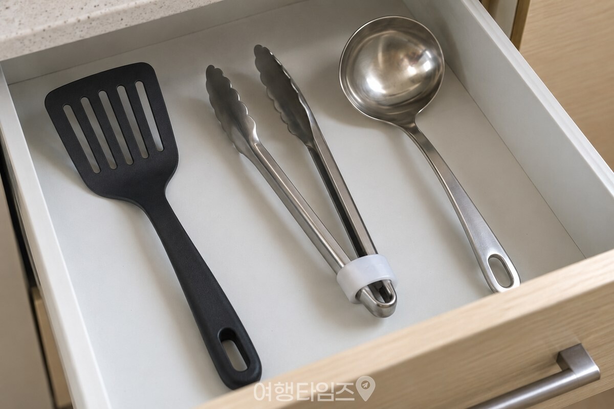 주방 서랍 안에서 플라스틱 링을 끼워 다문 스테인리스 주방 집게가 다른 조리 도구 옆에 놓여 있다. / 기사 이해를 돕기 위한 생성형 이미지