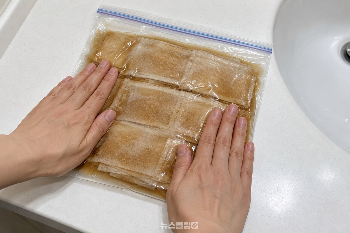 콜라를 머금은 물티슈를 지퍼백 안에서 고르게 적시는 모습. / 기사 이해를 돕기 위한 생성형 이미지