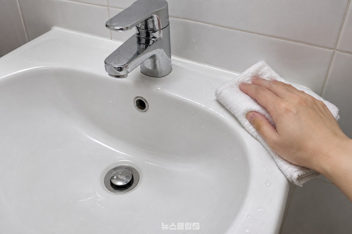 세면대 가장자리를 물로 헹군 뒤 마른 흰 수건으로 물기를 닦는 모습. / 기사 이해를 돕기 위한 생성형 이미지