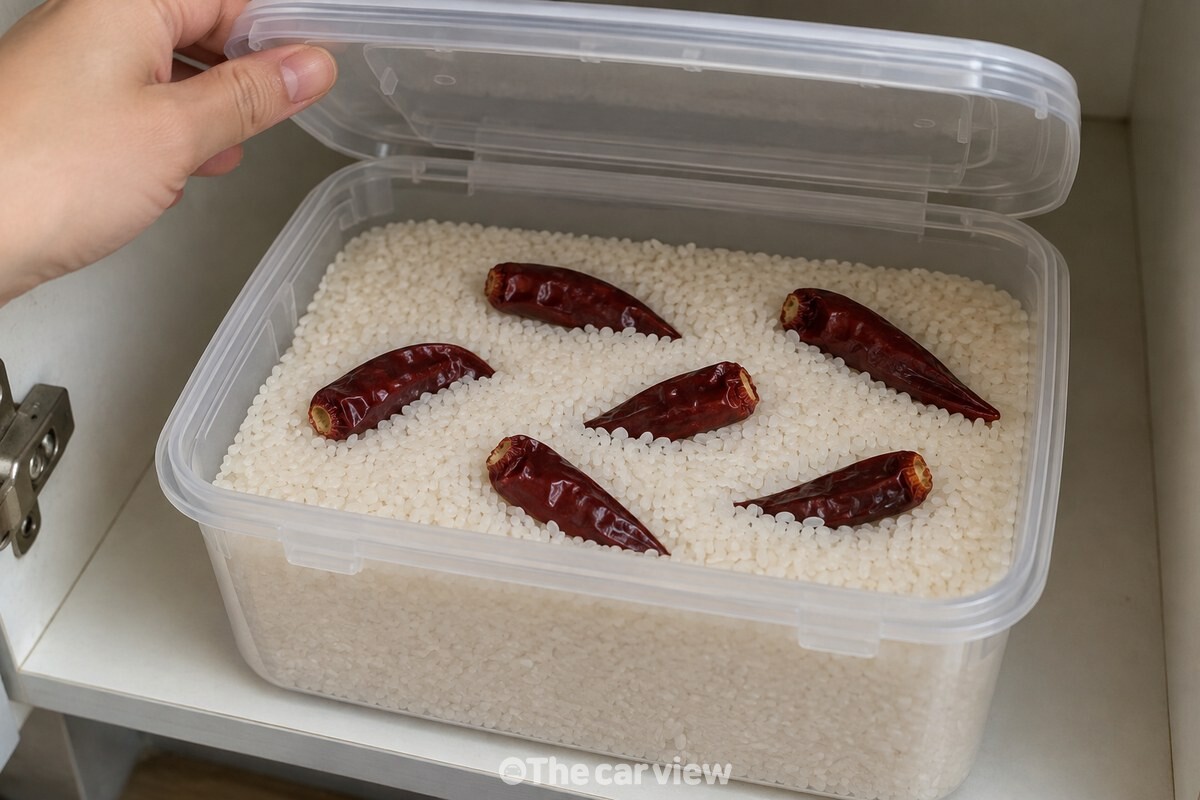 투명 쌀통의 쌀 사이에 꼭지 아래를 조금 자른 마른 고추가 고르게 놓여 있다. / 기사 이해를 돕기 위한 생성형 이미지