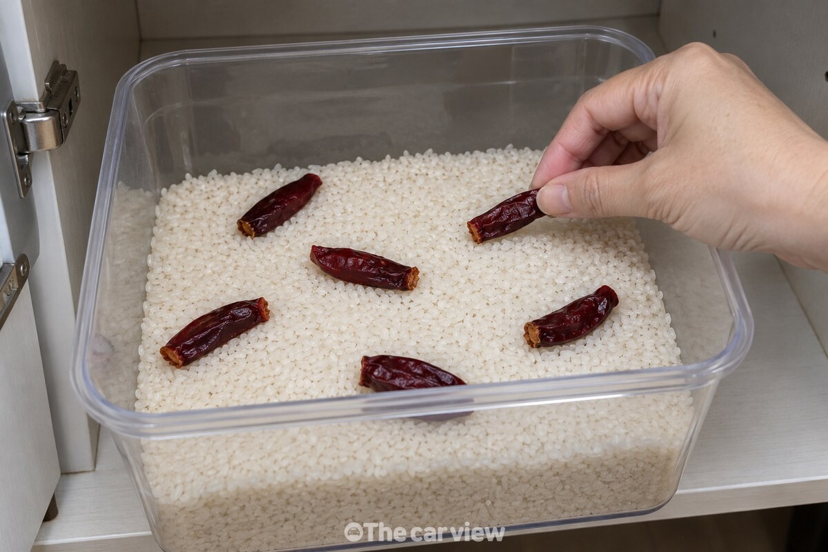 쌀을 반쯤 담은 투명 쌀통 위에 마른 고추를 여러 곳에 나누어 올리고 있다. / 기사 이해를 돕기 위한 생성형 이미지