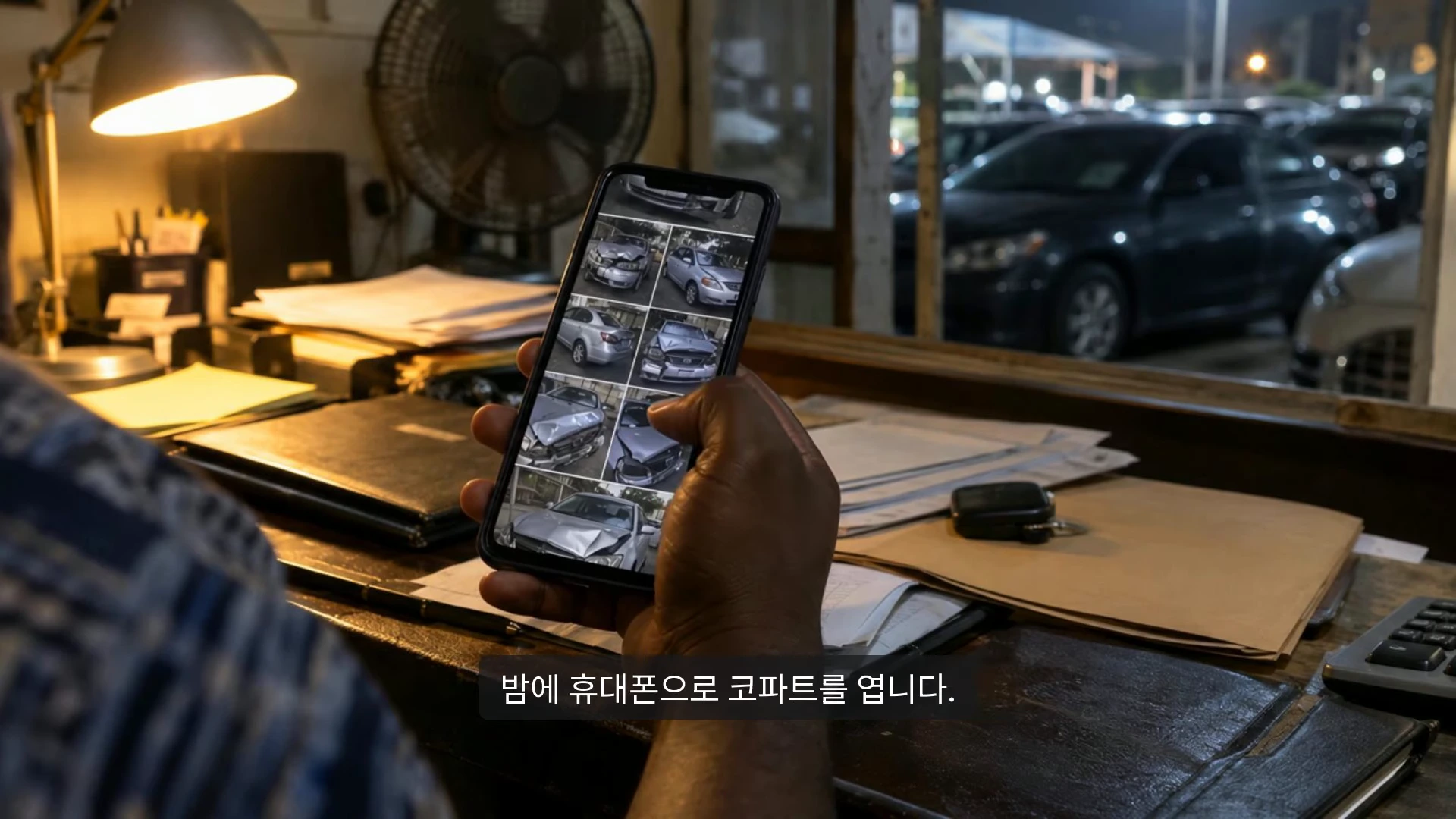 실내에서 한 사람이 손에 든 스마트폰 화면을 통해 여러 대의 파손된 차량 사진이 나열된 경매 플랫폼 페이지를 보고 있는 모습.