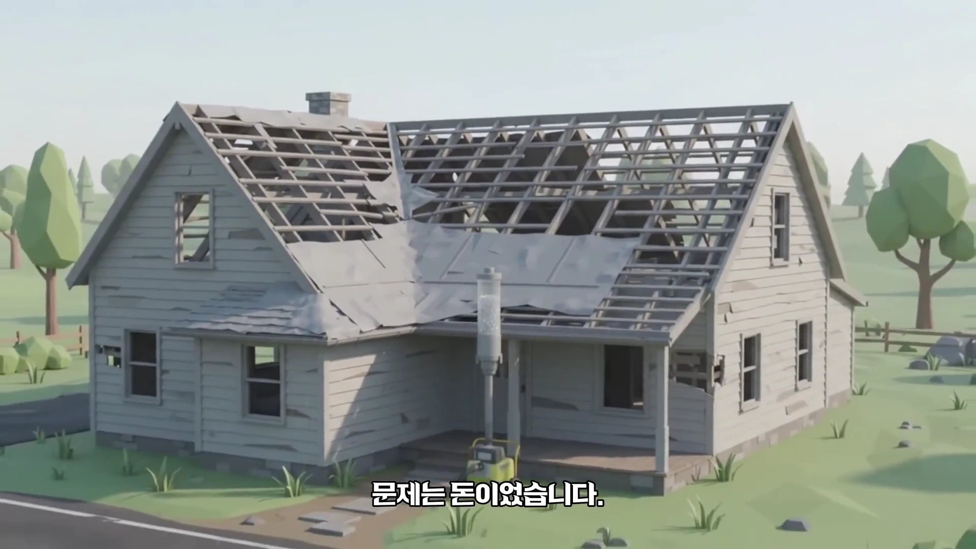 지붕의 일부가 철거되어 서까래가 드러난 낡은 집의 3D 그래픽 모델. 화면 하단에는 자막으로 '문제는 돈이었습니다'라는 문구가 적혀 있다.