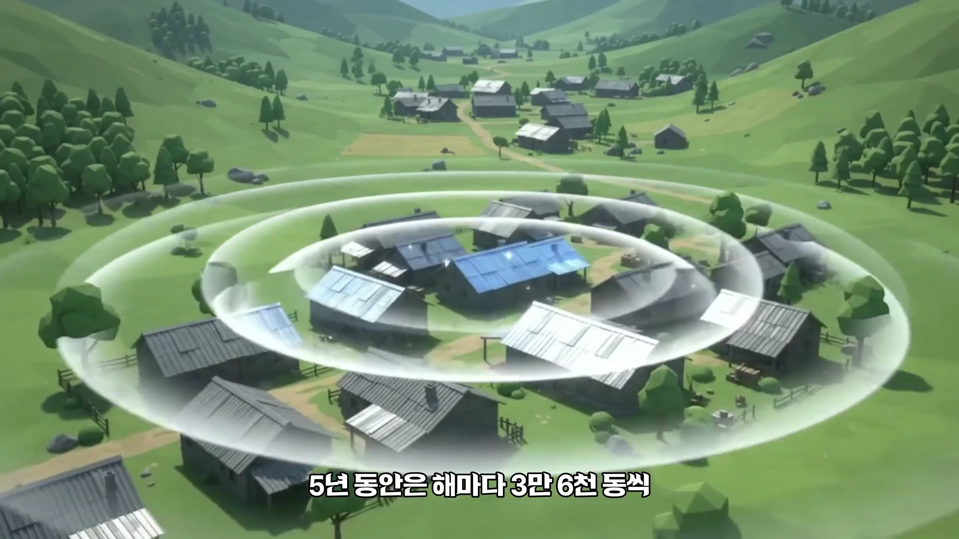 3D 애니메이션 그래픽으로 표현된 시골 마을의 전경이며, 주택들 위로 원형의 파동이 퍼져나가는 모습이 보이고 하단에는 '5년 동안은 해마다 3만 6천 동씩'이라는 자막이 적혀 있다.