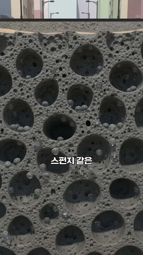 구멍이 송송 뚫린 회색 스펀지 구조물 안에 투명한 물방울들이 맺혀 있는 모습을 위에서 아래로 보여주는 3D 애니메이션 그래픽이다.