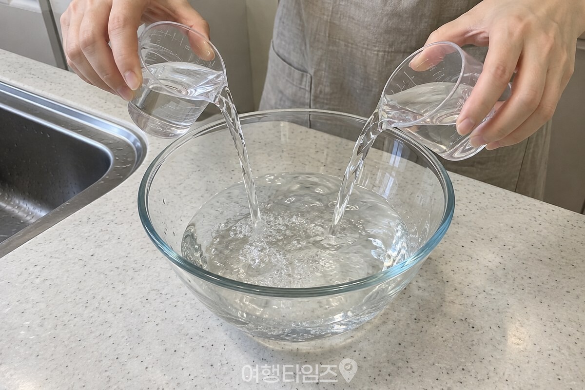 계량컵으로 소주와 물을 같은 양씩 투명한 그릇에 붓고 있다. / 기사 이해를 돕기 위한 생성형 이미지