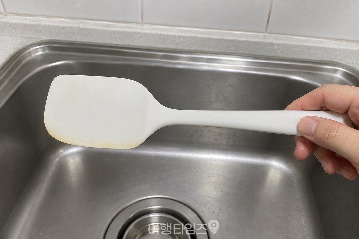 흰 실리콘 주걱 끝의 한쪽에만 옅은 누런 색이 남아 있는 모습이다. / 기사 이해를 돕기 위한 생성형 이미지