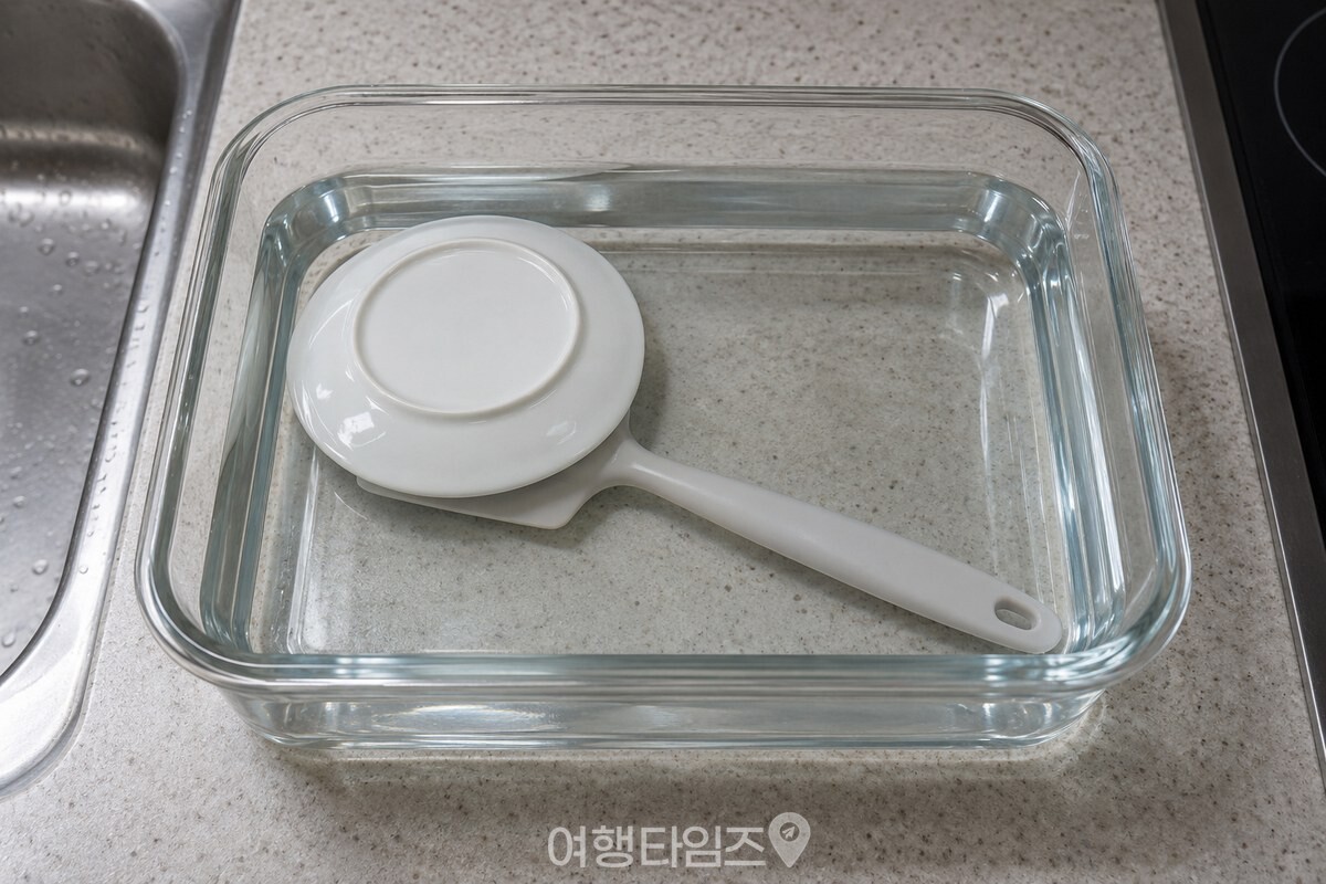 투명한 그릇 안에 주걱을 눕혀 넣고 작은 흰 접시로 잠기게 한 장면이다. / 기사 이해를 돕기 위한 생성형 이미지