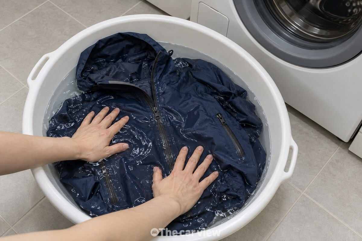 미지근한 물과 액체 중성세제가 든 대야에 재킷을 펼쳐 손으로 누르는 모습. / 기사 이해를 돕기 위한 생성형 이미지