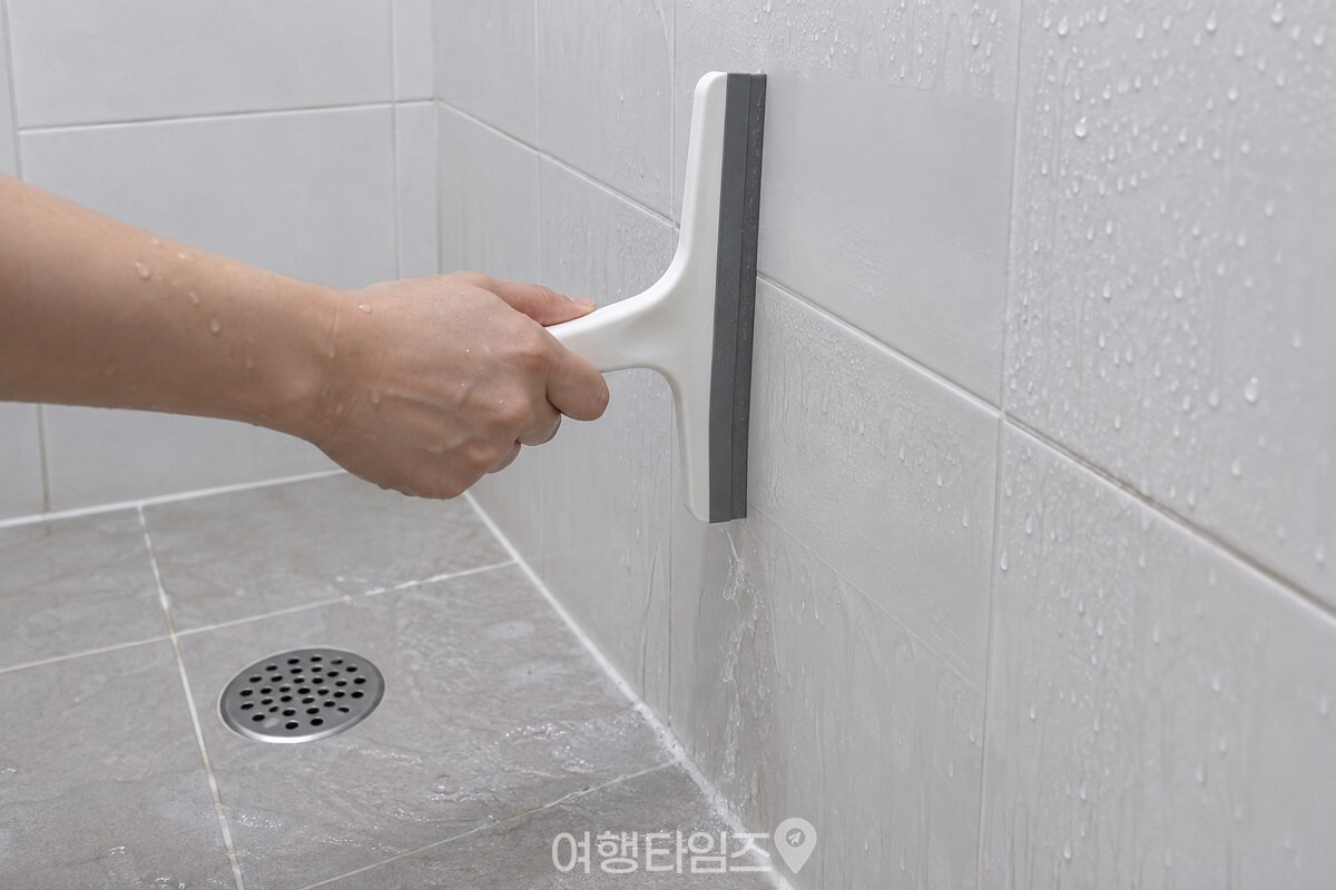 고무 날 밀대로 타일 벽의 물기를 위에서 아래로 훑는 모습. / 기사 이해를 돕기 위한 생성형 이미지