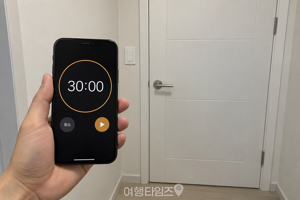 욕실 밖에서 휴대전화 타이머를 30분으로 맞추는 모습. / 기사 이해를 돕기 위한 생성형 이미지