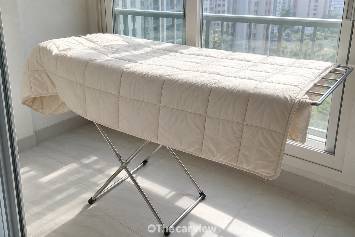 맑은 날 오전, 베란다 접이식 건조대에 넓게 펼친 가을 이불 한 채. / 기사 이해를 돕기 위한 생성형 이미지