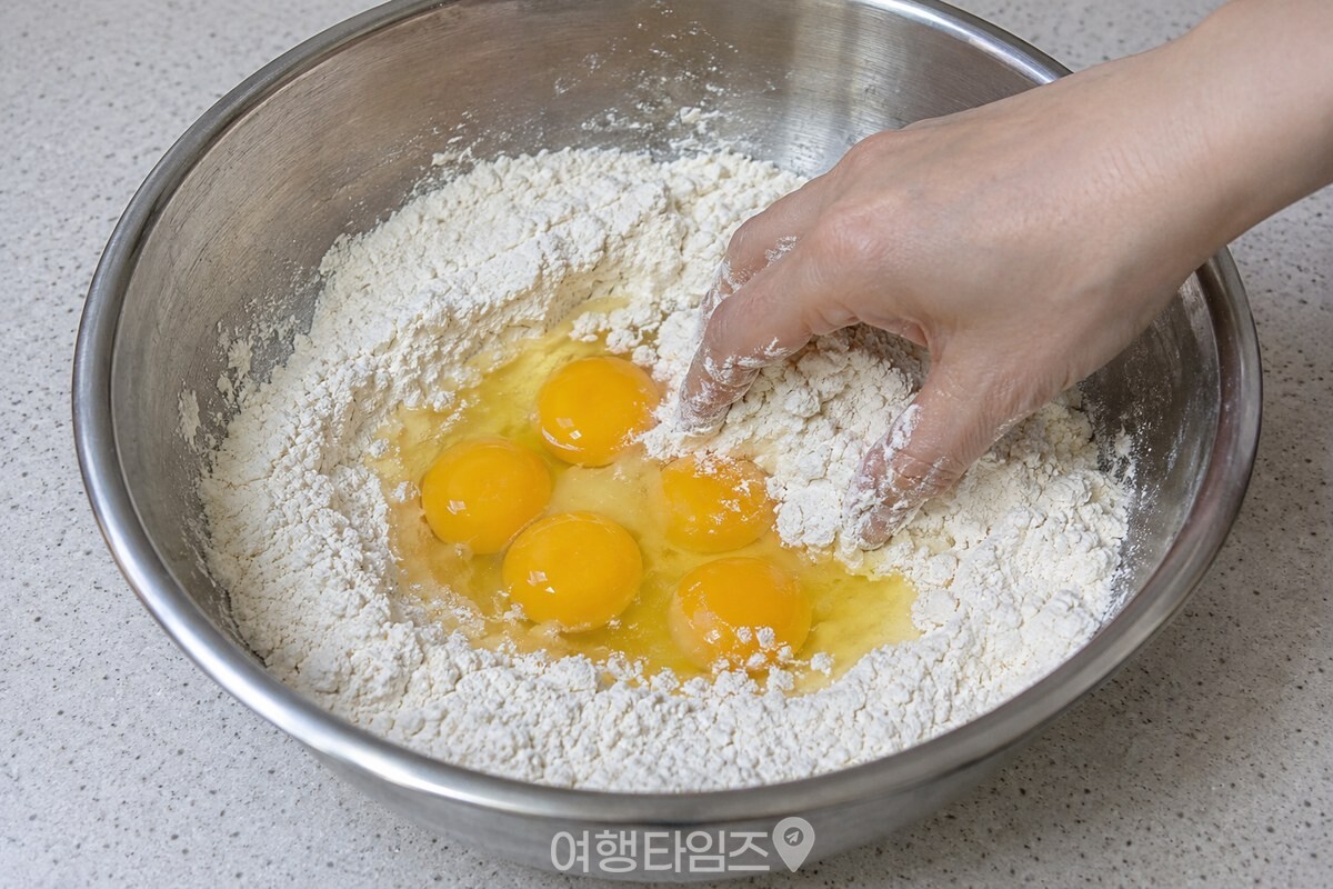 밀가루 위에 깬 계란을 넣고 손으로 섞기 시작한 큰 반죽 그릇 / 기사 이해를 돕기 위한 생성형 이미지