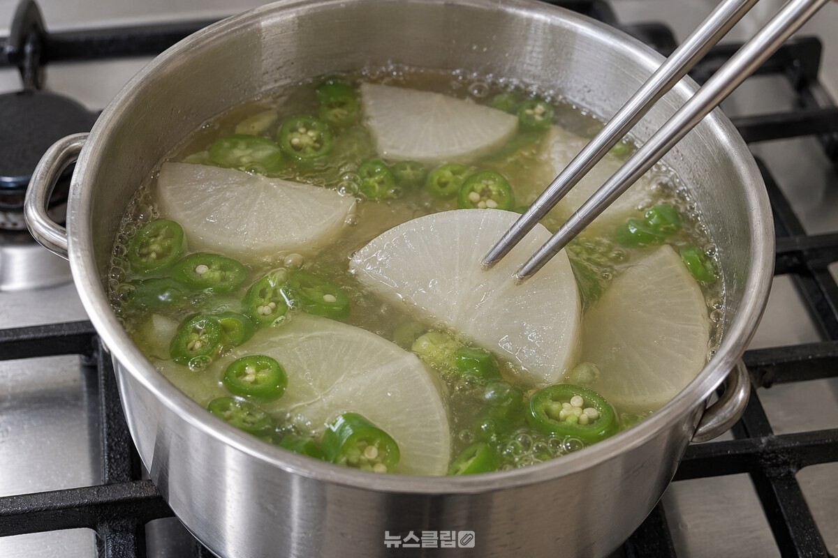 투명해진 무 조각에 젓가락이 부드럽게 들어간 냄비 속 모습. / 기사 이해를 돕기 위한 생성형 이미지