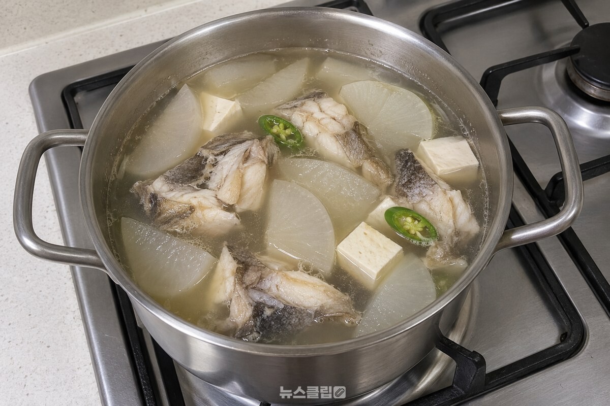 맑은 국물에 투명하게 익은 무와 동태 조각이 담긴 냄비를 위에서 내려다본 모습. / 기사 이해를 돕기 위한 생성형 이미지