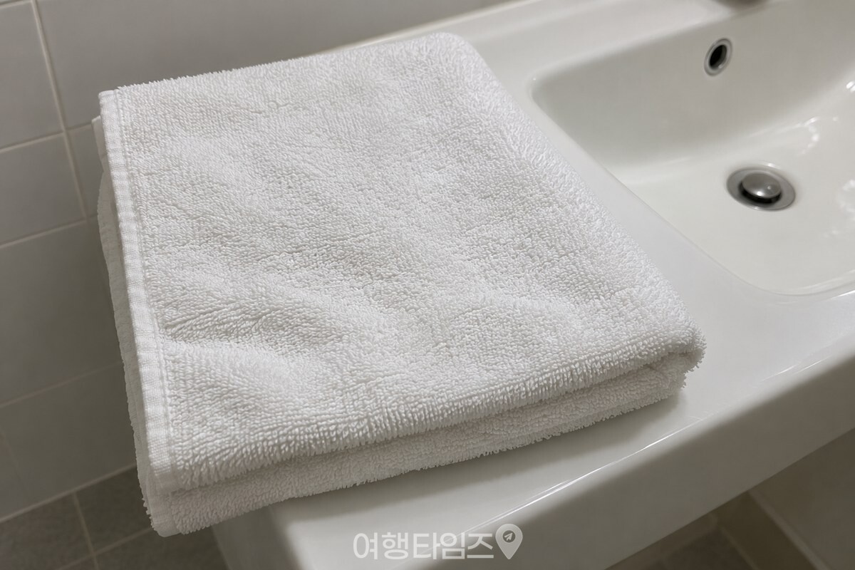 흰 수건의 고리 결이 보이도록 욕실 세면대 옆에 접어 둔 모습. / 기사 이해를 돕기 위한 생성형 이미지