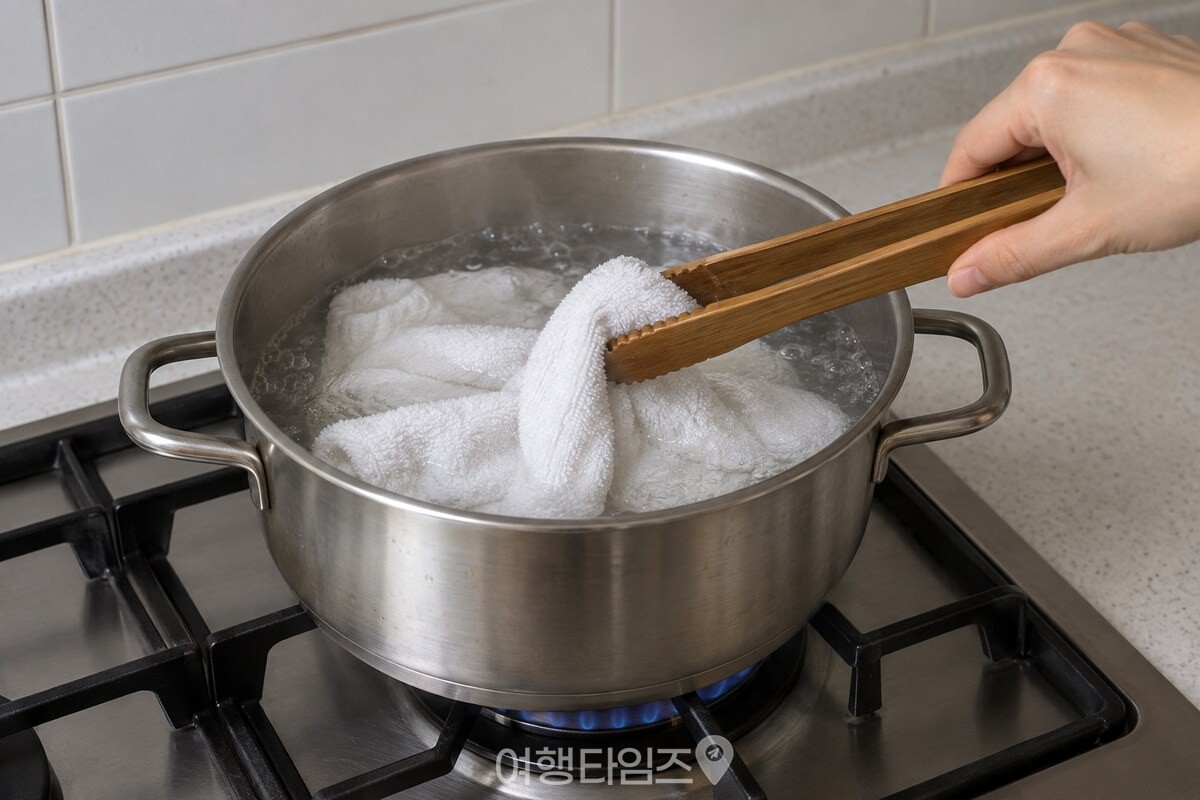 나무 집게로 냄비 속 수건을 눌러 뒤집는 모습. / 기사 이해를 돕기 위한 생성형 이미지