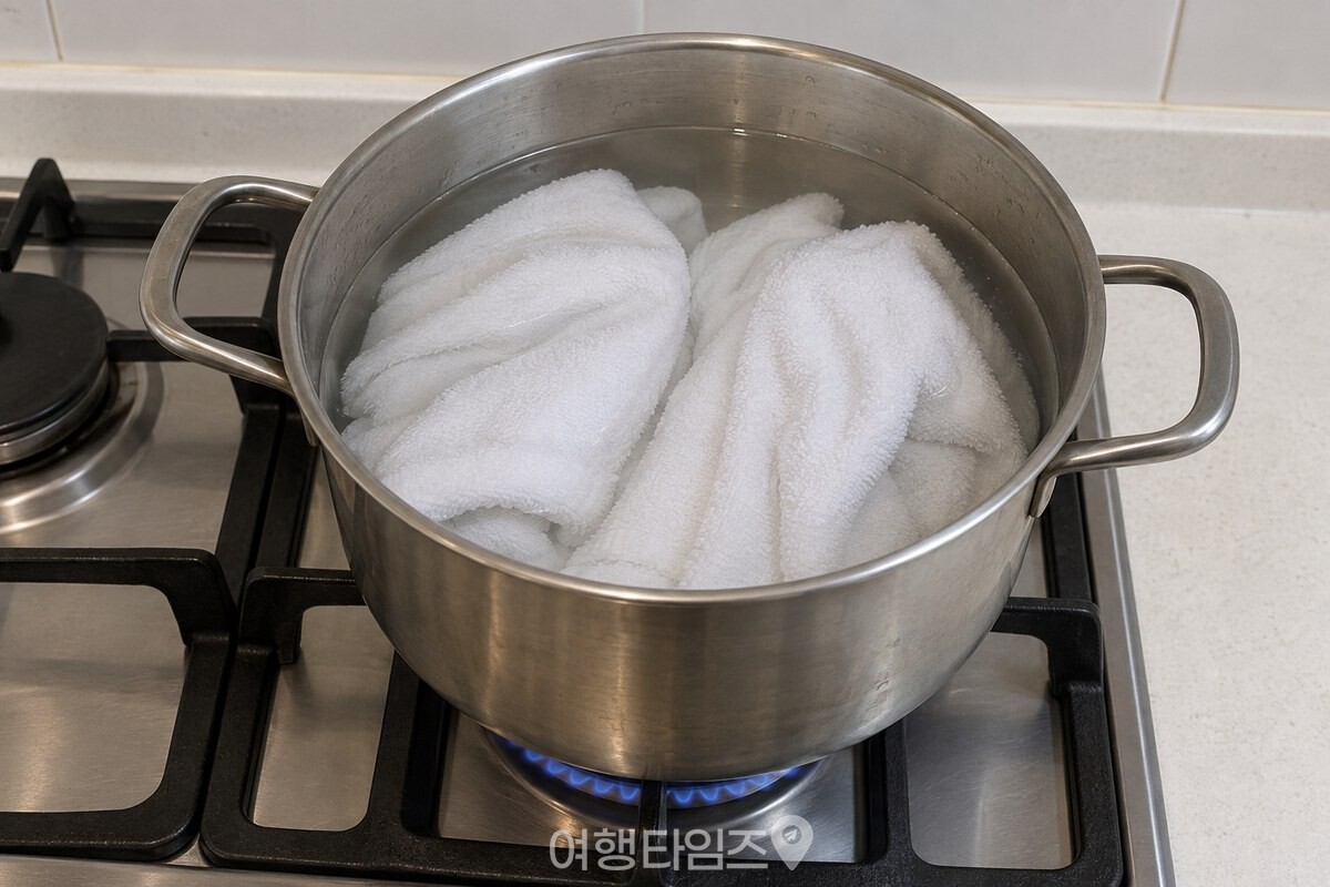 넉넉한 물이 담긴 냄비에 흰 수건을 넣어 삶을 준비한 모습. / 기사 이해를 돕기 위한 생성형 이미지