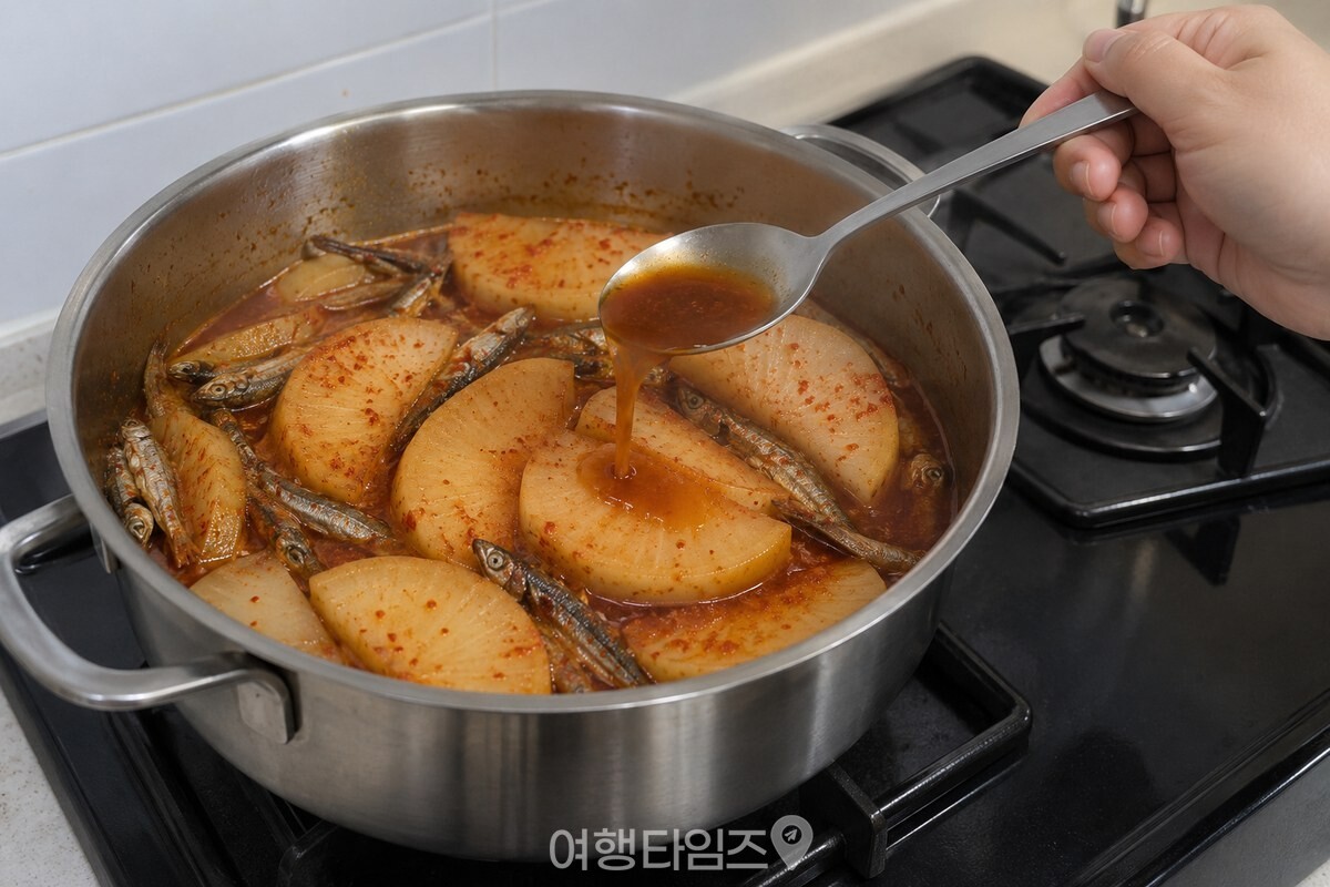 숟가락으로 조림 국물을 떠서 무 윗면에 끼얹는 중간 조리 모습. / 기사 이해를 돕기 위한 생성형 이미지