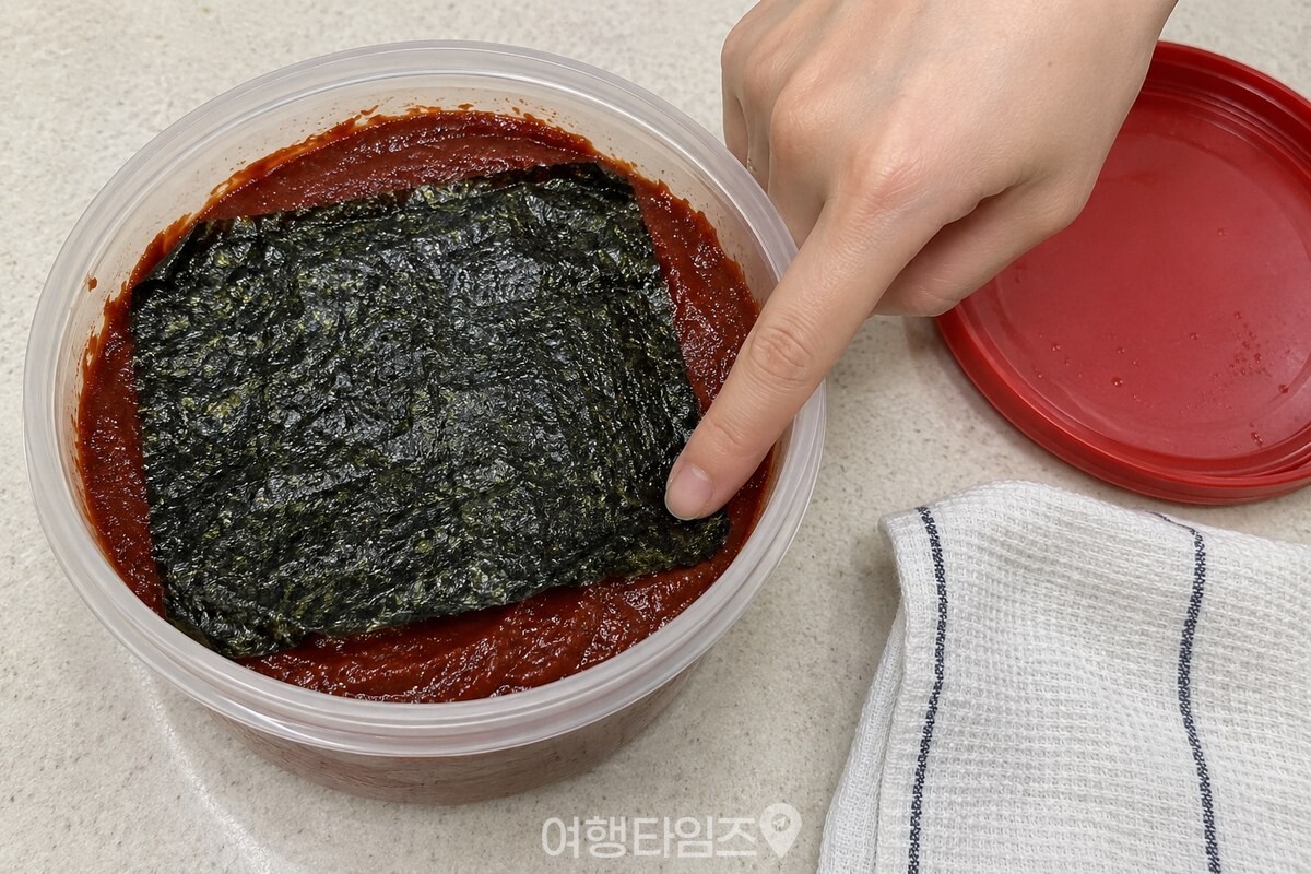 김 가장자리를 손가락으로 눌러 고추장 표면에 붙이는 모습. / 기사 이해를 돕기 위한 생성형 이미지
