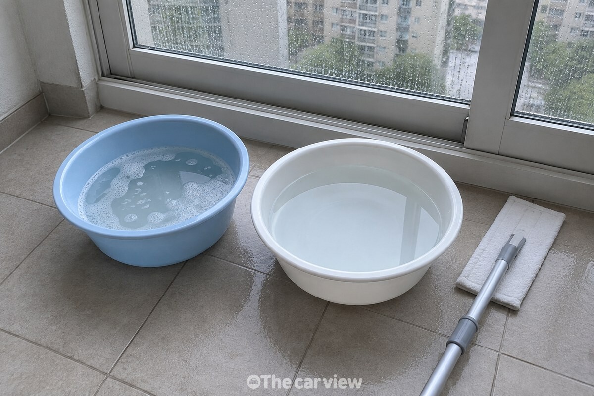 세제물과 맑은 물을 나눠 담은 세숫대야와 밀대 패드. / 기사 이해를 돕기 위한 생성형 이미지